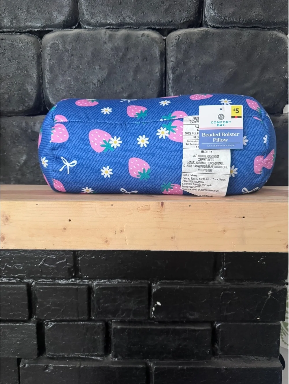 Camping Pillow-  Blue with Pink Strawberries